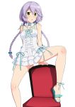  :o akiba&#039;s_trip akiba&#039;s_trip_2 arm_support ass_visible_through_thighs braid chair collarbone detached_collar eyebrows_visible_through_hair green_eyes haruhisky highres lavender_hair simple_background spread_legs tokikaze_shizuku twin_braids white_background 