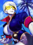  alternate_costume blue_sky breasts cleavage han_juri highres metal_skin open_mouth palm_tree popped_collar seth_(street_fighter) short_hair silver_hair sky smile solo_focus street_fighter street_fighter_v sunglasses talez01 tree yin_yang_orb zangief 