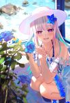  1girl :d bangs blue_dress blue_flower blue_hair blue_rose blush collarbone dress eyebrows_visible_through_hair flower hair_between_eyes hair_flower hair_ornament hat highres lize_helesta long_hair nijisanji open_mouth pink_eyes pink_hair rose shiny shiny_hair short_dress smile solo squatting sundress very_long_hair vinkyfre virtual_youtuber white_headwear 