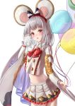  1girl 2020 absurdres animal animal_ears balloon blush buttons chinese_zodiac crop_top crop_top_overhang eyebrows eyebrows_visible_through_hair granblue_fantasy hairband highres holding holding_animal holding_balloon looking_at_viewer mouse mouse_ears new_year rat rat_ears red_eyes shirt silver_hair simple_background solo user_rymn2453 vikala_(granblue_fantasy) white_shirt wide_sleeves year_of_the_rat 