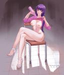  1girl azto_dio bangs blunt_bangs bottle bottomless breasts brown_background chair clothes_lift english_commentary high_heels highres holding holding_bottle large_breasts long_hair monogatari_(series) navel nipples nisemonogatari patreon_username pouring_onto_self purple_hair purple_sweater senjougahara_hitagi sitting smile solo sweater sweater_lift tile_floor tiles 