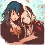  2girls arm_around_shoulder blue_eyes book byleth_(fire_emblem) byleth_(fire_emblem)_(female) edelgard_von_hresvelg fire_emblem fire_emblem:_three_houses green_hair leaning_on_person long_hair looking_at_viewer moshimoshibe multiple_girls purple_eyes reading silver_hair smile upper_body yuri 