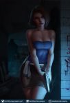  1girl against_wall blood blood_stain bloody_handprints blue_eyes breasts brown_hair cleavage clothes_around_waist gun hallway handgun highres jill_valentine luminyu nemesis parted_lips resident_evil resident_evil_3 serious shadow skirt solo standing strapless tubetop weapon 