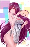  1girl 1yen absurdres apron bangs blush breasts checkered checkered_background cleavage fate/grand_order fate_(series) hair_between_eyes highres long_hair looking_at_viewer medium_breasts naked_apron purple_hair red_eyes scathach_(fate)_(all) scathach_skadi_(fate/grand_order) solo thighs very_long_hair 