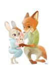  2017 ambiguous_gender baby barefoot canid canine clothed clothing cub disney fox fully_clothed fur green_eyes grey_body grey_fur group hi_res judy_hopps lagomorph leporid mammal monmokamoko nick_wilde orange_body orange_fur parent parent_and_child purple_eyes rabbit red_fox simple_background white_background young zootopia 