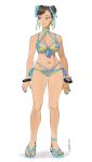  1girl absurdres alternate_costume aqua_nails bangs bikini blue_bikini breasts brown_eyes brown_hair chun-li cleavage double_bun earrings eyeshadow flower front-tie_bikini front-tie_top full_body hair_flower hair_ornament halter_top halterneck highres jewelry long_legs makeup medium_breasts nail_polish navel sandals short_hair smile solo standing street_fighter street_fighter_v studded_bracelet swept_bangs swimsuit talez01 toenail_polish toes 