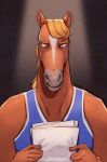  2020 anthro blonde_hair bodily_fluids bojack_horseman clothing equid equine hair headlesscentaur horse looking_at_viewer male mammal netflix paper reading secretariat_(bojack_horseman) shirt solo sweat tank_top topwear 