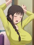  1girl braid breasts brown_hair closed_eyes earrings highres jewelry long_hair segawa_misato shirobako solo tedain teeth yawning 