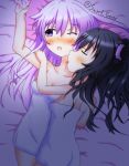  bed bed_sheet black_hair closed_eyes grabbing licking nepgear neptune_(series) purple_eyes purple_hair tears towel uni_(neptune_series) 