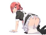  apron ass blush fang gabriel_dropout headdress maid nyaroon panties pink_eyes red_hair satanichia_kurumizawa_mcdowell short_hair skirt_lift thighhighs underwear white 