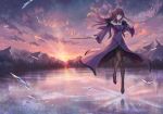  1girl black_legwear breasts cleavage closed_mouth diadem dress elsa_(g557744) fate/grand_order fate_(series) floating_hair full_body hair_between_eyes holding holding_wand ice large_breasts long_dress long_hair long_sleeves off-shoulder_dress off_shoulder outdoors pantyhose purple_dress purple_hair red_eyes scathach_(fate)_(all) scathach_skadi_(fate/grand_order) shiny shiny_hair solo sunset very_long_hair wand 