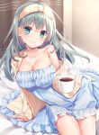  1girl aqua_eyes blush breasts cardigan cleavage coffee cup dress hairband highres large_breasts light_blue_hair looking_at_viewer mofukoke mug riddle_joker shikibu_mayu smile solo sundress white_dress 