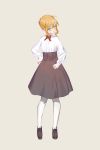  1girl absurdres ahoge artoria_pendragon_(all) bangs blonde_hair blue_eyes bow bowtie braid brown_footwear brown_skirt corset crown_braid dress_shirt fate/stay_night fate_(series) full_body grey_background hair_between_eyes highres loafers long_sleeves medium_skirt open_mouth red_bow red_neckwear saber shiny shiny_hair shirt shoes short_hair sidelocks simple_background skirt solo standing vinkyfre white_legwear white_shirt 