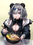  1girl absurdres animal_ears arknights bare_shoulders black_dress black_jacket bowl breasts china_dress chinese_clothes chopsticks cleavage cleavage_cutout dress eating eyewear_on_head feater_(arknights) gold_trim grey_hair hair_between_eyes highres holding holding_bowl jacket long_hair medium_breasts multicolored_hair neonbeat open_clothes open_jacket panda_ears red_eyes round_eyewear short_dress sitting sleeveless sleeveless_dress solo streaked_hair sunglasses transparent twintails udon 