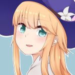  1other bangs blonde_hair blue_headwear blush chevalier_d&#039;eon_(fate/grand_order) eyebrows_visible_through_hair fate/grand_order fate_(series) flower green_eyes hair_between_eyes hat hat_flower i.u.y long_hair looking_at_viewer looking_to_the_side parted_lips shirt sidelocks smile solo upper_body upper_teeth white_flower white_shirt 