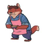  2020 anthro apron arm_tuft barefoot bottomwear canid canine cheek_tuft clothed clothing dipstick_tail disney elbow_tufts facial_tuft food fox fuel_(artist) gideon_grey holding_food holding_object jeans mammal multicolored_tail pants pie red_fox shirt simple_background solo standing topwear tuft white_background zootopia 
