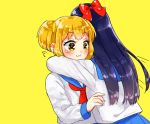  2girls akitannn blonde_hair blue_hair blush bow cat_smile close hug long_hair pipimi pop_team_epic popuko school_uniform short_hair signed twintails yellow yellow_eyes 