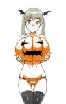  1girl blonde_hair blush closed_mouth green_eyes hair_ornament halloween long_hair looking_at_viewer maka_albarn navel pumpkin simple_background smile solo soul_eater thighhighs third-party_source topless twintails twrlare white_background 