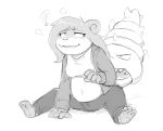  2020 3_toes ? anthro barefoot bottomwear breasts clothing confusion feet female hair implied_transformation monochrome nintendo pants pawpads pok&eacute;mon pok&eacute;mon_(species) shirt simple_background sitting sketch slowbro soles subakitsu toes topwear video_games white_background 