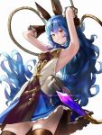  1girl armpits arms_up bangs blue_hair blue_skirt blush breasts brown_eyes brown_gloves brown_legwear closed_mouth elbow_gloves erune ferry_(granblue_fantasy) from_below frown glint gloves granblue_fantasy grey_background hair_between_eyes long_hair looking_at_viewer looking_down medium_breasts shirt sideboob simple_background skirt sleeveless sleeveless_shirt solo standing thighhighs v-shaped_eyebrows very_long_hair wasabi60 wavy_hair white_shirt 