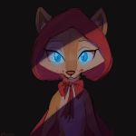  1:1 2020 anthro black_background blood blue_eyed_fox blue_eyes bodily_fluids brown_body brown_fur canid canine fox fur hi_res hood inner_ear_fluff light lighting looking_at_viewer mammal ribbontini simple_background slit_pupils solo tuft 