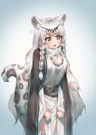  1girl animal_ear_fluff animal_ears arknights bangs bead_necklace beads belt black_belt blue_background blush braid breasts commentary cowboy_shot deaver dress eyebrows_visible_through_hair gradient gradient_background grey_background grey_eyes head_chain highres jewelry leopard_ears leopard_tail long_hair long_sleeves medium_breasts necklace open_mouth pramanix_(arknights) silver_hair solo standing tail thighhighs turtleneck_dress twin_braids very_long_hair white_dress white_legwear 