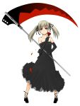  1girl black_dress blush brown_hair closed_mouth commentary_request dress gloves green_eyes highres looking_at_viewer maka_albarn no_socks sakushin scythe simple_background smile solo soul_eater twintails weapon white_background 