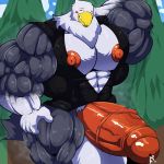  1:1 accipitrid accipitriform animal_crossing anthro apollo_(animal_crossing) avian balls big_balls big_muscles big_penis bird blush bobert bodily_fluids bottomless clothed clothing coat cum eagle ejaculaton erection genital_fluids genitals hi_res huge_balls huge_muscles huge_penis hyper hyper_balls hyper_genitalia hyper_muscles hyper_penis looking_at_viewer male muscular nintendo nipples penis sweat topwear tree vein veiny_penis video_games 