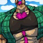  1:1 anthro big_muscles bobert flannel fur hi_res huge_muscles hyper hyper_muscles looking_at_viewer male mammal multicolored_body multicolored_fur muscular rob_(rgmbleh) rodent sciurid sky 