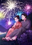  1boy 1girl black_hair character_request couple day fireworks floral_print grey_kimono hand_on_another&#039;s_shoulder highres japanese_clothes kimetsu_no_yaiba kimono long_sleeves outdoors pink_eyes pink_kimono plus1024 print_kimono purple_sky shiny shiny_hair short_hair tied_hair 