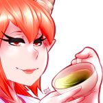  1:1 2020 beverage cev clothed clothing cup demon digital_media_(artwork) female hair half-closed_eyes horn humanoid humanoid_pointy_ears looking_at_viewer low_res mammal narrowed_eyes not_furry red_eyes red_hair smile tea tea_cup 