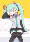  1girl aqua_hair arm_support black_legwear closed_eyes commentary couch detached_sleeves dokan_(dkn) drooling hatsune_miku long_hair necktie simple_background sleeping solo thighhighs twintails very_long_hair vocaloid 