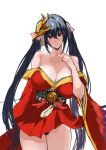  1girl azur_lane bangs bare_shoulders black_hair breasts cleavage closed_mouth collarbone commentary_request crossed_bangs hair_between_eyes hakama_skirt japanese_clothes kimono large_breasts long_hair looking_at_viewer mask mask_on_head off-shoulder_kimono pubic_hair red_eyes red_kimono red_ribbon red_skirt ribbon ruuto_(sorufu) sash skirt smile standing taihou_(azur_lane) thighs twintails 