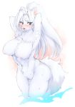  2020 anthro big_breasts blush bodily_fluids breasts canid canine embarrassed female fur genitals hair hand_behind_head hi_res htg kemono long_hair mammal navel nipples nude open_mouth pussy simple_background solo sweat white_body white_fur white_hair 