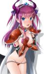  1girl armor bangs bikini bikini_armor black_sleeves blue_eyes blush breasts collar collarbone cowboy_shot detached_sleeves elizabeth_bathory_(brave)_(fate) elizabeth_bathory_(fate)_(all) eyebrows_visible_through_hair fate/grand_order fate_(series) gauntlets hair_between_eyes horns long_hair long_sleeves looking_at_viewer nnnha07 open_mouth pointy_ears purple_hair red_bikini shiny shiny_hair shoulder_armor simple_background small_breasts solo spaulders standing swimsuit white_background 