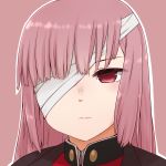  1girl bandage_over_one_eye bangs brown_background closed_mouth eyebrows_visible_through_hair fate/grand_order fate_(series) florence_nightingale_(fate/grand_order) i.u.y jacket long_hair looking_at_viewer outline pink_hair portrait red_eyes red_jacket solo white_outline 