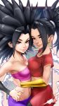  2girls absurdres amaguchi_chiyoko arms_around_waist asymmetrical_docking bare_shoulders black_hair bracer breast_press breasts caulifla cleavage collarbone dragon_ball dragon_ball_super earrings eyebrows_visible_through_hair eyes_visible_through_hair hands_on_hips highres jewelry kale_(dragon_ball) looking_at_viewer multiple_girls navel saiyan shorts shorts_under_skirt skindentation skirt smile spiked_hair stomach strapless tubetop 