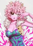  1girl arm_at_side artist_name ashido_mina bare_arms bare_shoulders black_sclera boku_no_hero_academia breasts cleavage collarbone cyfrus fur_collar hand_up horns looking_at_viewer mask medium_breasts medium_hair one_eye_closed open_mouth pink_hair purple_skin solo unitard upper_body v v_over_eye vest yellow_eyes 