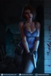  1girl against_wall blood blood_stain bloody_handprints blue_eyes breasts brown_hair cleavage fingerless_gloves gloves gun hallway handgun highres jewelry jill_valentine luminyu necklace nemesis parted_lips resident_evil resident_evil_3 serious shadow sleeveless solo standing tank_top walkie-talkie weapon 