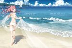  1girl :d ass back bangs bare_arms bare_legs bare_shoulders barefoot beach bikini blue_sky boat breasts cloud cloudy_sky day dock eyebrows_visible_through_hair feet floating_hair from_behind halterneck highres horizon kantoku kurumi_(kantoku) leg_up long_hair looking_at_viewer looking_back medium_breasts ocean open_mouth original outdoors pink_hair purple_eyes running sailboat sand scenery shadow side-tie_bikini sky smile soles solo standing standing_on_one_leg sunlight swept_bangs swimsuit toes two_side_up watercraft waves white_bikini wide_shot wind 
