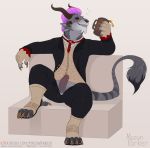  2020 5_fingers 5_toes alcohol anthro beverage biped black_clothing black_legwear black_sclera black_topwear blush brown_horn charr claws clothed clothing cup digital_drawing_(artwork) digital_media_(artwork) drunk erection felid fingers front_view fur genitals grey_body grey_fur grin guild_wars hair handwear horn humanoid_penis legwear looking_at_viewer male mammal masonparker multi_ear penis pink_hair red_eyes retracted_foreskin signature simple_background sitting smile solo stripes substance_intoxication tail_tuft teeth text toes topwear tuft uncut url video_games watermark 