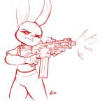  2020 alec8ter anthro clothed clothing disney fully_clothed fur hi_res holding_gun holding_object holding_weapon judy_hopps lagomorph leporid mammal monochrome one_eye_closed rabbit red_and_white shooting simple_background solo standing weapon white_background zootopia 