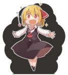  1girl black_legwear black_skirt black_vest blonde_hair collared_shirt commentary_request drooling fang full_body hair_ribbon heart jagabutter long_sleeves open_mouth outstretched_arms red_eyes red_neckwear red_ribbon ribbon rumia shirt short_hair skin_fang skirt socks solo sparkle spread_arms standing touhou translated vest white_shirt 