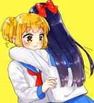  2girls :3 akitannn artist_name blush bow hair_bow hug multiple_girls orange_hair pipimi poptepipic popuko school_uniform scrunchie serafuku sidelocks simple_background twintails two_side_up yellow_background yellow_eyes yellow_scrunchie 