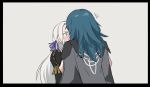  2girls black_border blush border byleth_(fire_emblem) byleth_(fire_emblem)_(female) edelgard_von_hresvelg fire_emblem fire_emblem:_three_houses garreg_mach_monastery_uniform green_hair grey_background hair_ribbon implied_kiss long_hair looking_at_another mikoyan multiple_girls purple_eyes ribbon silver_hair upper_body yuri 