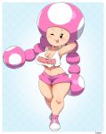  big_breasts blue_background blush bottomwear breasts cleavage clothed clothing female footwear hand_behind_back hand_behind_head hi_res humanoid looking_at_viewer mammal mario_bros nintendo not_furry one_eye_closed pose shoes short_stack shorts simmsyboy simple_background smile solo standing tankini thick_thighs toad_(mario) toadette tongue tongue_out video_games wide_hips wink 