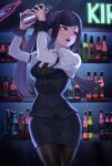  1girl alcohol bar_(place) bartender bottle cocktail_shaker highres holding holding_shaker jill_stingray long_hair long_sleeves necktie open_mouth pantyhose pencil_pusher pencil_skirt purple_hair purple_vest red_eyes red_necktie shirt sidelocks skirt solo standing swept_bangs twintails va-11_hall-a vest white_shirt 