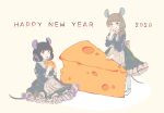  2020 2girls :q absurdres animal_ears blue_eyes braid cheese chinese_zodiac commentary_request dress food frilled_dress frills full_body grey_hair hair_ribbon happy_new_year highres kanikamaseiun licking_lips long_hair mini_person minigirl mouse_ears mouse_girl mouse_tail multiple_girls original ribbon short_hair sitting standing tail tongue tongue_out twin_braids year_of_the_rat 