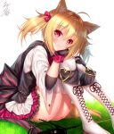  1girl ahoge animal_ear_fluff animal_ears arknights bangs black_bow black_gloves blonde_hair blush boots bow closed_mouth commentary_request eyebrows_visible_through_hair frilled_skirt frills gloves grass hair_between_eyes hair_bow heart knee_boots knees_up on_grass red_bow red_eyes shirt short_sleeves short_twintails signature simple_background sitting skirt smile solo sora_(arknights) striped striped_bow tail thighhighs thighhighs_under_boots twintails two_side_up white_background white_footwear white_legwear white_shirt white_skirt wide_sleeves yunagi_amane 