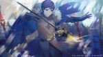  1boy belt black_gloves blue_cape blue_eyes blue_hair blurry blurry_background cape copyright_name fur_trim gloves highres holding holding_staff looking_at_viewer magic male_focus pixiv_fantasia pixiv_fantasia_age_of_starlight rezia solo staff standing sun_wizard_solar 